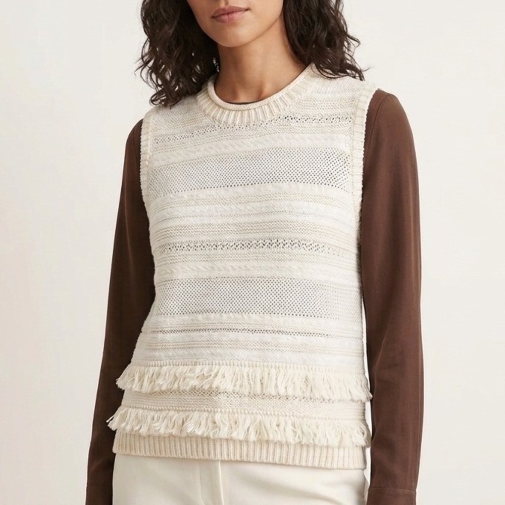 Club Monaco Womens Ivory Striped Fringe Knit Sweater Vest Large Sleeveless Cream